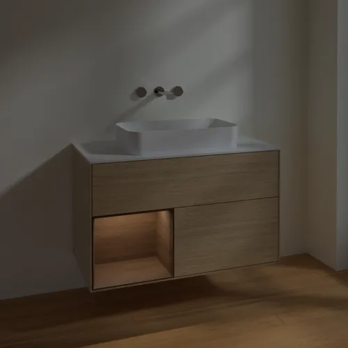 VILLEROY BOCH Umyvadlová skříňka Finion, s osvětlením, 2 výsuvy, 1000 x 603 x 501 mm, dubová dýha / ořechová dýha / sklo bílé matné #F651GNPC, obrázek 5