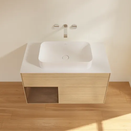 VILLEROY BOCH Umyvadlová skříňka Finion, s osvětlením, 2 výsuvy, 1000 x 603 x 501 mm, dubová dýha / ořechová dýha / sklo bílé matné #F651GNPC, obrázek 4