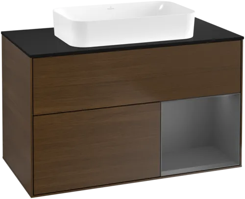 VILLEROY BOCH Toaletní stolek Finion, s osvětlením, 2 výsuvy, 1000 x 603 x 501 mm, ořechová dýha / antracitový matný lak / černé matné sklo #F662GKGN
