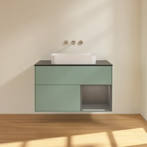 VILLEROY BOCH Toaletní skříňka Finion, s osvětlením, 2 výsuvy, 1000 x 603 x 501 mm, olivový matný lak / antracitový matný lak / černé matné sklo #F662GKGM, obrázek 3