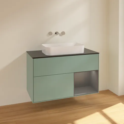VILLEROY BOCH Toaletní skříňka Finion, s osvětlením, 2 výsuvy, 1000 x 603 x 501 mm, olivový matný lak / antracitový matný lak / černé matné sklo #F662GKGM, obrázek 2