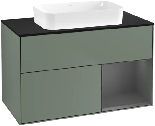 VILLEROY BOCH Toaletní skříňka Finion, s osvětlením, 2 výsuvy, 1000 x 603 x 501 mm, olivový matný lak / antracitový matný lak / černé matné sklo #F662GKGM
