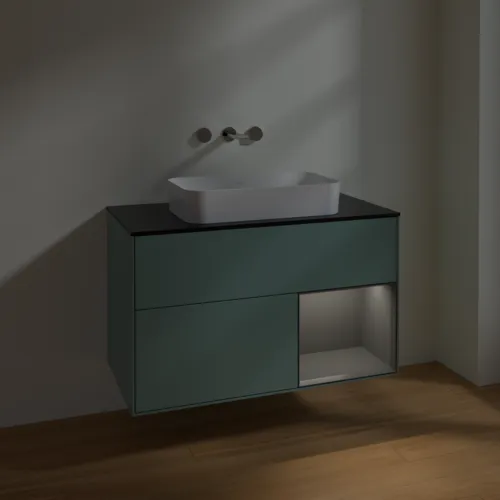 VILLEROY BOCH Toaletní skříňka Finion, s osvětlením, 2 výsuvy, 1000 x 603 x 501 mm, olivový matný lak / antracitový matný lak / černé matné sklo #F662GKGM, obrázek 5