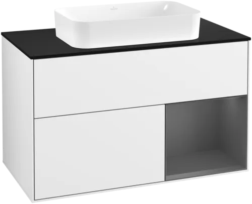 VILLEROY BOCH Toaletní skříňka Finion, s osvětlením, 2 výsuvy, 1000 x 603 x 501 mm, lesklý bílý lak / antracitový matný lak / černé matné sklo #F662GKGF