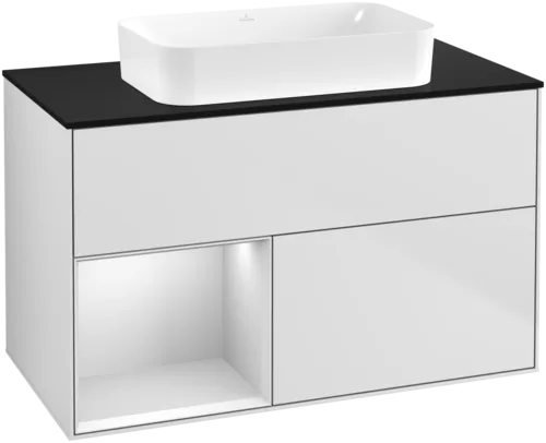 VILLEROY BOCH Toaletní skříňka Finion, s osvětlením, 2 výsuvy, 1000 x 603 x 501 mm, bílý matný lak / bílý matný lak / černé matné sklo #F652MTMT