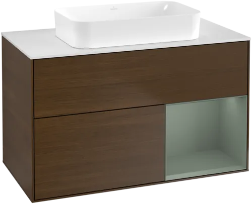 VILLEROY BOCH Toaletní stolek Finion, s osvětlením, 2 výsuvy, 1000 x 603 x 501 mm, ořechová dýha / olivový matný lak / sklo bílé matné #F661GMGN