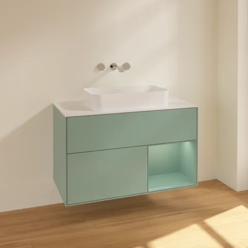VILLEROY BOCH Toaletní skříňka Finion, s osvětlením, 2 výsuvy, 1000 x 603 x 501 mm, olivově matný lak / olivově matný lak / sklo bílé matné #F661GMGM, obrázek 2