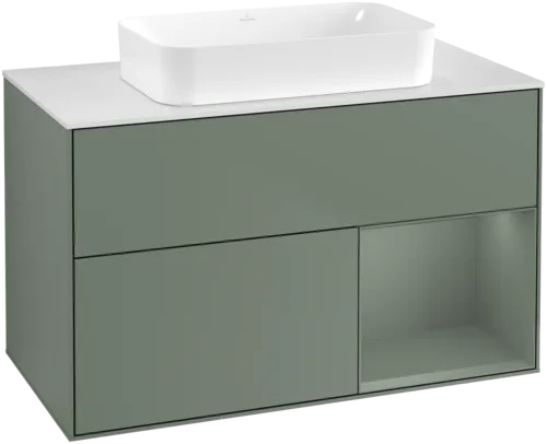 VILLEROY BOCH Toaletní skříňka Finion, s osvětlením, 2 výsuvy, 1000 x 603 x 501 mm, olivově matný lak / olivově matný lak / sklo bílé matné #F661GMGM
