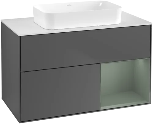 VILLEROY BOCH Toaletní skříňka Finion, s osvětlením, 2 výsuvy, 1000 x 603 x 501 mm, antracitový matný lak / olivový matný lak / bílé matné sklo #F661GMGK