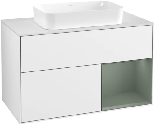 VILLEROY BOCH Toaletní skříňka Finion, s osvětlením, 2 výsuvy, 1000 x 603 x 501 mm, lesklý bílý lak / olivově matný lak / sklo bílé matné #F661GMGF