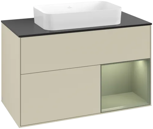 VILLEROY BOCH Toaletní skříňka Finion, s osvětlením, 2 výsuvy, 1000 x 603 x 501 mm, hedvábně šedý matný lak / olivový matný lak / černé matné sklo #F662GMHJ