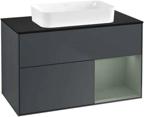 VILLEROY BOCH Toaletní skříňka Finion, s osvětlením, 2 výsuvy, 1000 x 603 x 501 mm, Midnight Blue Matt Lacquer / Olive Matt Lacquer / Glass Black Matt #F662GMHG