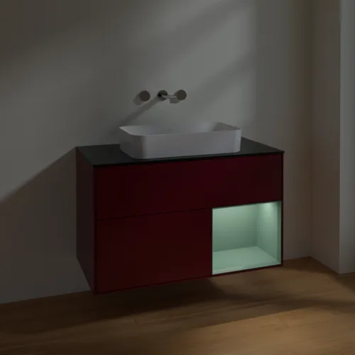 VILLEROY BOCH Toaletní skříňka Finion, s osvětlením, 2 výsuvy, 1000 x 603 x 501 mm, Pivoňka matný lak / Olivový matný lak / Sklo černé matné #F662GMHB, obrázek 5