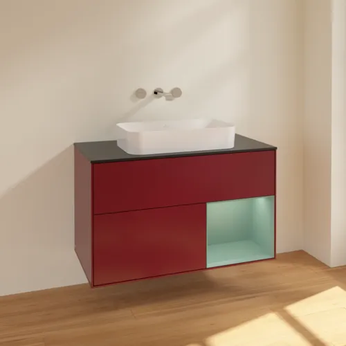 VILLEROY BOCH Toaletní skříňka Finion, s osvětlením, 2 výsuvy, 1000 x 603 x 501 mm, Pivoňka matný lak / Olivový matný lak / Sklo černé matné #F662GMHB, obrázek 2