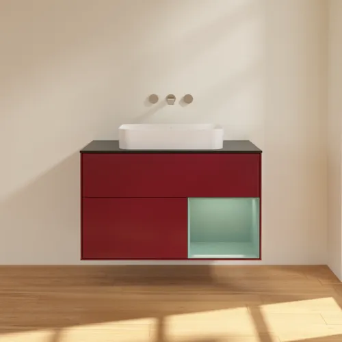 VILLEROY BOCH Toaletní skříňka Finion, s osvětlením, 2 výsuvy, 1000 x 603 x 501 mm, Pivoňka matný lak / Olivový matný lak / Sklo černé matné #F662GMHB, obrázek 3