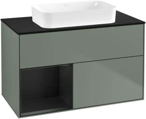 VILLEROY BOCH Toaletní skříňka Finion, s osvětlením, 2 výsuvy, 1000 x 603 x 501 mm, olivový matný lak / černý matný lak / černé matné sklo #F652PDGM