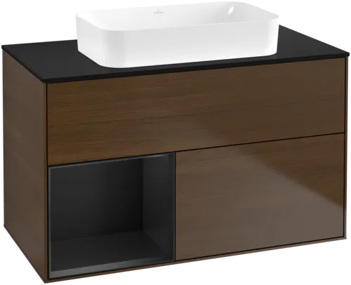 VILLEROY BOCH Toaletní skříňka Finion, s osvětlením, 2 výsuvy, 1000 x 603 x 501 mm, ořechová dýha / černý matný lak / černé matné sklo #F652PDGN