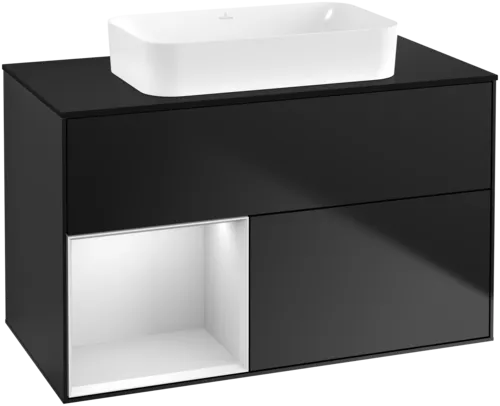 VILLEROY BOCH Umyvadlová skříňka Finion, s osvětlením, 2 výsuvy, 1000 x 603 x 501 mm, černý matný lak / bílý matný lak / černé matné sklo #F652MTPD