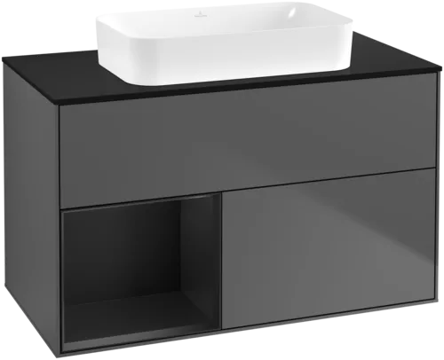 VILLEROY BOCH Toaletní skříňka Finion, s osvětlením, 2 výsuvy, 1000 x 603 x 501 mm, antracitový matný lak / černý matný lak / černé matné sklo #F652PDGK