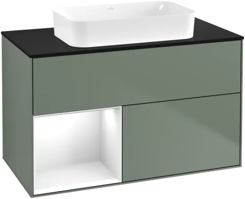 VILLEROY BOCH Toaletní skříňka Finion, s osvětlením, 2 výsuvy, 1000 x 603 x 501 mm, olivový matný lak / lesklý bílý lak / sklo černé matné #F652GFGM