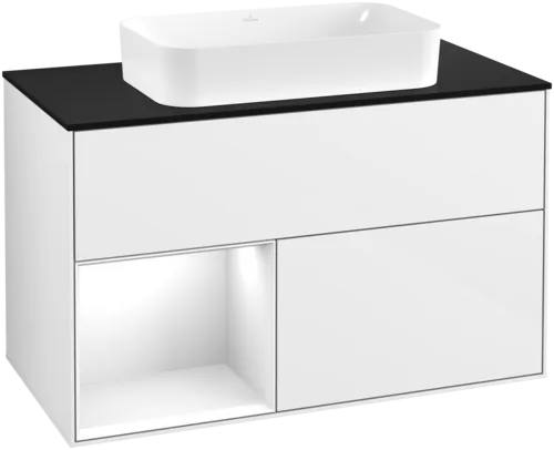VILLEROY BOCH Toaletní skříňka Finion, s osvětlením, 2 výsuvy, 1000 x 603 x 501 mm, lesklý bílý lak / lesklý bílý lak / sklo černé matné #F652GFGF