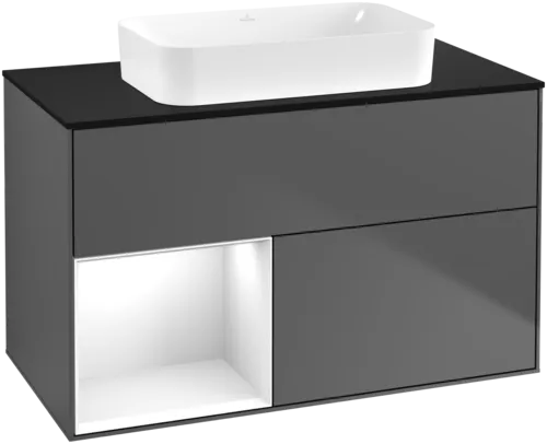 VILLEROY BOCH Toaletní skříňka Finion, s osvětlením, 2 výsuvy, 1000 x 603 x 501 mm, antracit matný lak / lesklý bílý lak / sklo černé matné #F652GFGK
