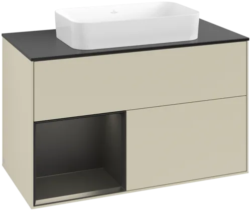 VILLEROY BOCH Toaletní skříňka Finion, s osvětlením, 2 výsuvy, 1000 x 603 x 501 mm, hedvábně šedý matný lak / černý matný lak / černé matné sklo #F652PDHJ