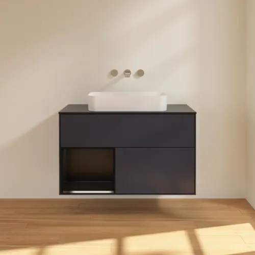 VILLEROY BOCH Toaletní skříňka Finion, s osvětlením, 2 výsuvy, 1000 x 603 x 501 mm, Midnight Blue Matt Lacquer / Black Matt Lacquer / Glass Black Matt #F652PDHG, obrázek 3
