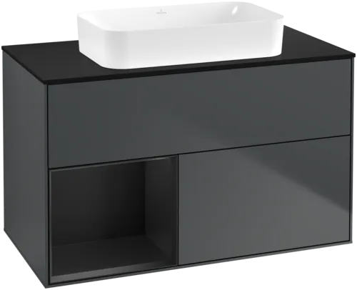 VILLEROY BOCH Toaletní skříňka Finion, s osvětlením, 2 výsuvy, 1000 x 603 x 501 mm, Midnight Blue Matt Lacquer / Black Matt Lacquer / Glass Black Matt #F652PDHG