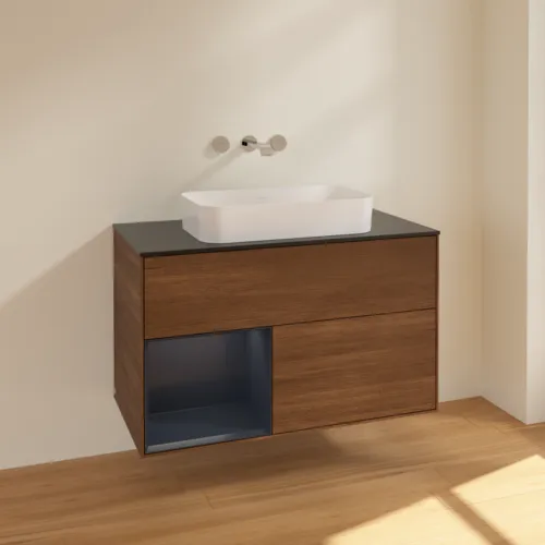 VILLEROY BOCH Toaletní skříňka Finion, s osvětlením, 2 výsuvy, 1000 x 603 x 501 mm, ořechová dýha / půlnočně modrý matný lak / černé matné sklo #F652HGGN, obrázek 2