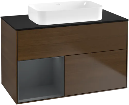 VILLEROY BOCH Toaletní skříňka Finion, s osvětlením, 2 výsuvy, 1000 x 603 x 501 mm, ořechová dýha / půlnočně modrý matný lak / černé matné sklo #F652HGGN