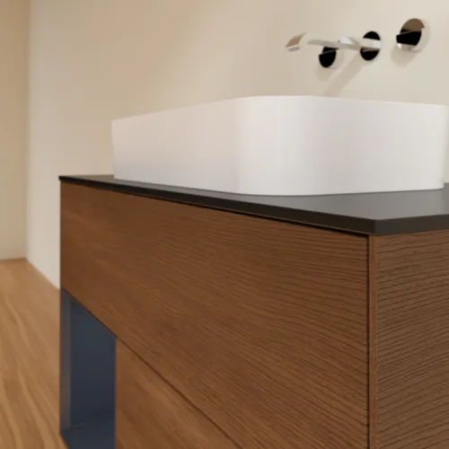 VILLEROY BOCH Toaletní skříňka Finion, s osvětlením, 2 výsuvy, 1000 x 603 x 501 mm, ořechová dýha / půlnočně modrý matný lak / černé matné sklo #F652HGGN, obrázek 6