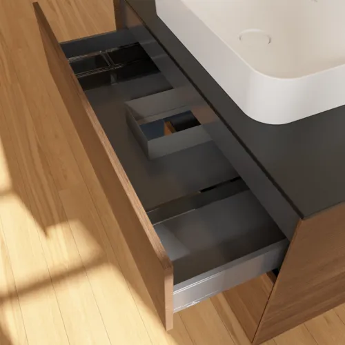 VILLEROY BOCH Toaletní skříňka Finion, s osvětlením, 2 výsuvy, 1000 x 603 x 501 mm, ořechová dýha / půlnočně modrý matný lak / černé matné sklo #F652HGGN, obrázek 8