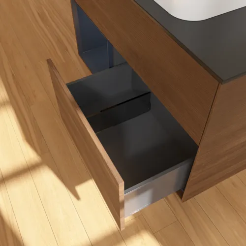 VILLEROY BOCH Toaletní skříňka Finion, s osvětlením, 2 výsuvy, 1000 x 603 x 501 mm, ořechová dýha / půlnočně modrý matný lak / černé matné sklo #F652HGGN, obrázek 7