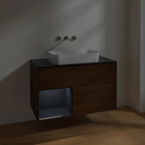 VILLEROY BOCH Toaletní skříňka Finion, s osvětlením, 2 výsuvy, 1000 x 603 x 501 mm, ořechová dýha / půlnočně modrý matný lak / černé matné sklo #F652HGGN, obrázek 5