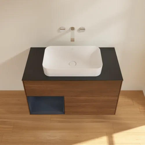 VILLEROY BOCH Toaletní skříňka Finion, s osvětlením, 2 výsuvy, 1000 x 603 x 501 mm, ořechová dýha / půlnočně modrý matný lak / černé matné sklo #F652HGGN, obrázek 4
