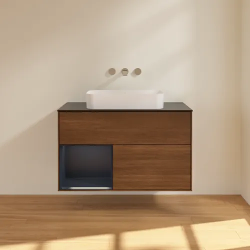VILLEROY BOCH Toaletní skříňka Finion, s osvětlením, 2 výsuvy, 1000 x 603 x 501 mm, ořechová dýha / půlnočně modrý matný lak / černé matné sklo #F652HGGN, obrázek 3