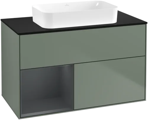 VILLEROY BOCH Toaletní skříňka Finion, s osvětlením, 2 výsuvy, 1000 x 603 x 501 mm, olivový matný lak / půlnoční modrý matný lak / černé matné sklo #F652HGGM