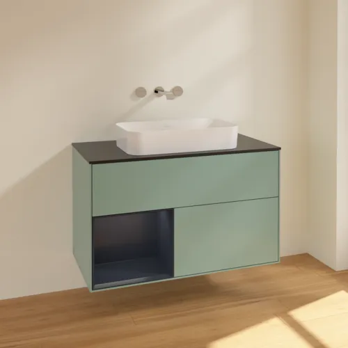 VILLEROY BOCH Toaletní skříňka Finion, s osvětlením, 2 výsuvy, 1000 x 603 x 501 mm, olivový matný lak / půlnoční modrý matný lak / černé matné sklo #F652HGGM, obrázek 2