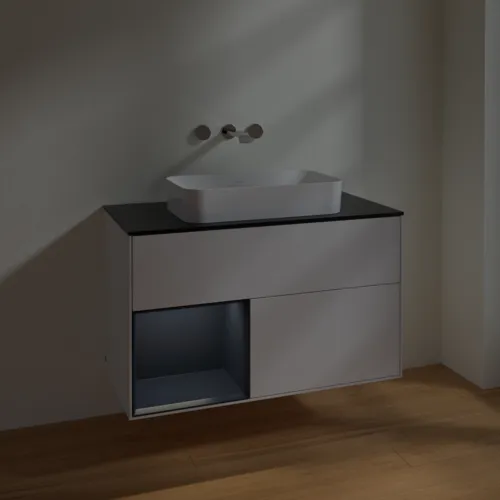 VILLEROY BOCH Toaletní skříňka Finion, s osvětlením, 2 výsuvy, 1000 x 603 x 501 mm, lesklý bílý lak / půlnoční modrý matný lak / černé matné sklo #F652HGGF, obrázek 5