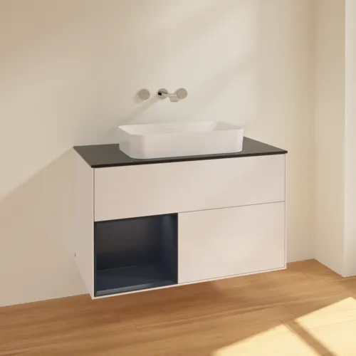 VILLEROY BOCH Toaletní skříňka Finion, s osvětlením, 2 výsuvy, 1000 x 603 x 501 mm, lesklý bílý lak / půlnoční modrý matný lak / černé matné sklo #F652HGGF, obrázek 2