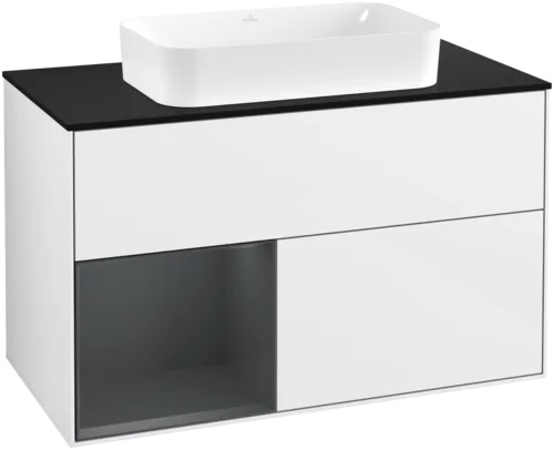 VILLEROY BOCH Toaletní skříňka Finion, s osvětlením, 2 výsuvy, 1000 x 603 x 501 mm, lesklý bílý lak / půlnoční modrý matný lak / černé matné sklo #F652HGGF