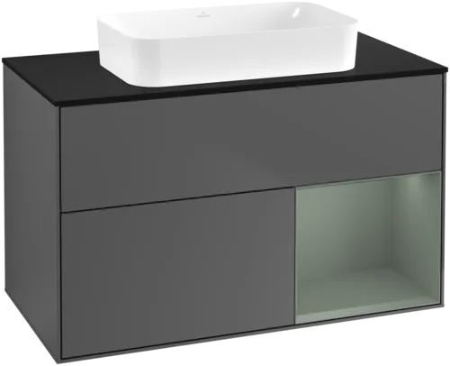 VILLEROY BOCH Toaletní skříňka Finion, s osvětlením, 2 výsuvy, 1000 x 603 x 501 mm, antracitový matný lak / olivový matný lak / černé matné sklo #F662GMGK