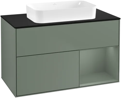 VILLEROY BOCH Toaletní skříňka Finion, s osvětlením, 2 výsuvy, 1000 x 603 x 501 mm, olivově matný lak / olivově matný lak / sklo černé matné #F662GMGM