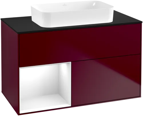 VILLEROY BOCH Toaletní skříňka Finion, s osvětlením, 2 výsuvy, 1000 x 603 x 501 mm, matný lak Peony / lesklý bílý lak / černé matné sklo #F652GFHB