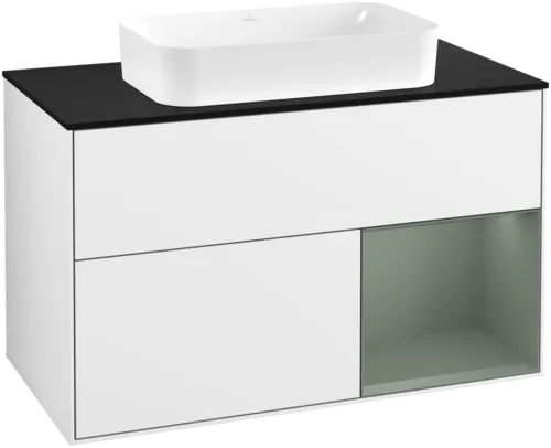 VILLEROY BOCH Toaletní skříňka Finion, s osvětlením, 2 výsuvy, 1000 x 603 x 501 mm, lesklý bílý lak / olivově matný lak / černé matné sklo #F662GMGF