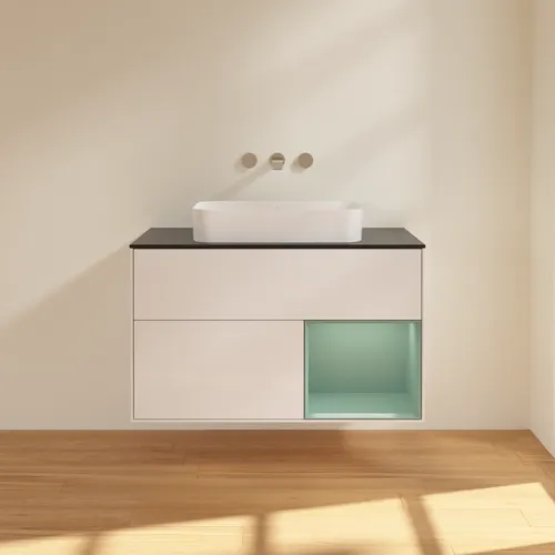 VILLEROY BOCH Toaletní skříňka Finion, s osvětlením, 2 výsuvy, 1000 x 603 x 501 mm, lesklý bílý lak / olivově matný lak / černé matné sklo #F662GMGF, obrázek 3