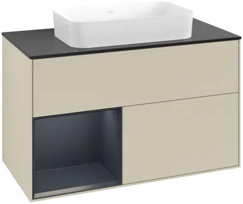 VILLEROY BOCH Toaletní skříňka Finion, s osvětlením, 2 výsuvy, 1000 x 603 x 501 mm, Silk Grey Matt Lacquer / Midnight Blue Matt Lacquer / Glass Black Matt #F652HGHJ