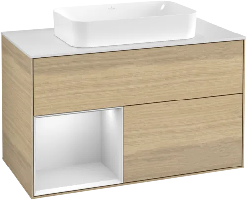 VILLEROY BOCH Toaletní skříňka Finion, s osvětlením, 2 výsuvy, 1000 x 603 x 501 mm, dubová dýha / bílý matný lak / sklo bílé matné #F651MTPC