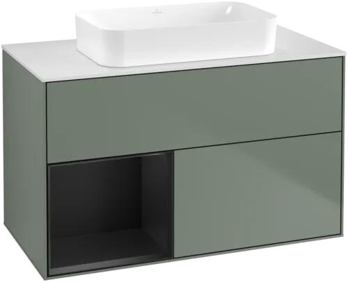 VILLEROY BOCH Toaletní skříňka Finion, s osvětlením, 2 výsuvy, 1000 x 603 x 501 mm, olivový matný lak / černý matný lak / bílé matné sklo #F651PDGM